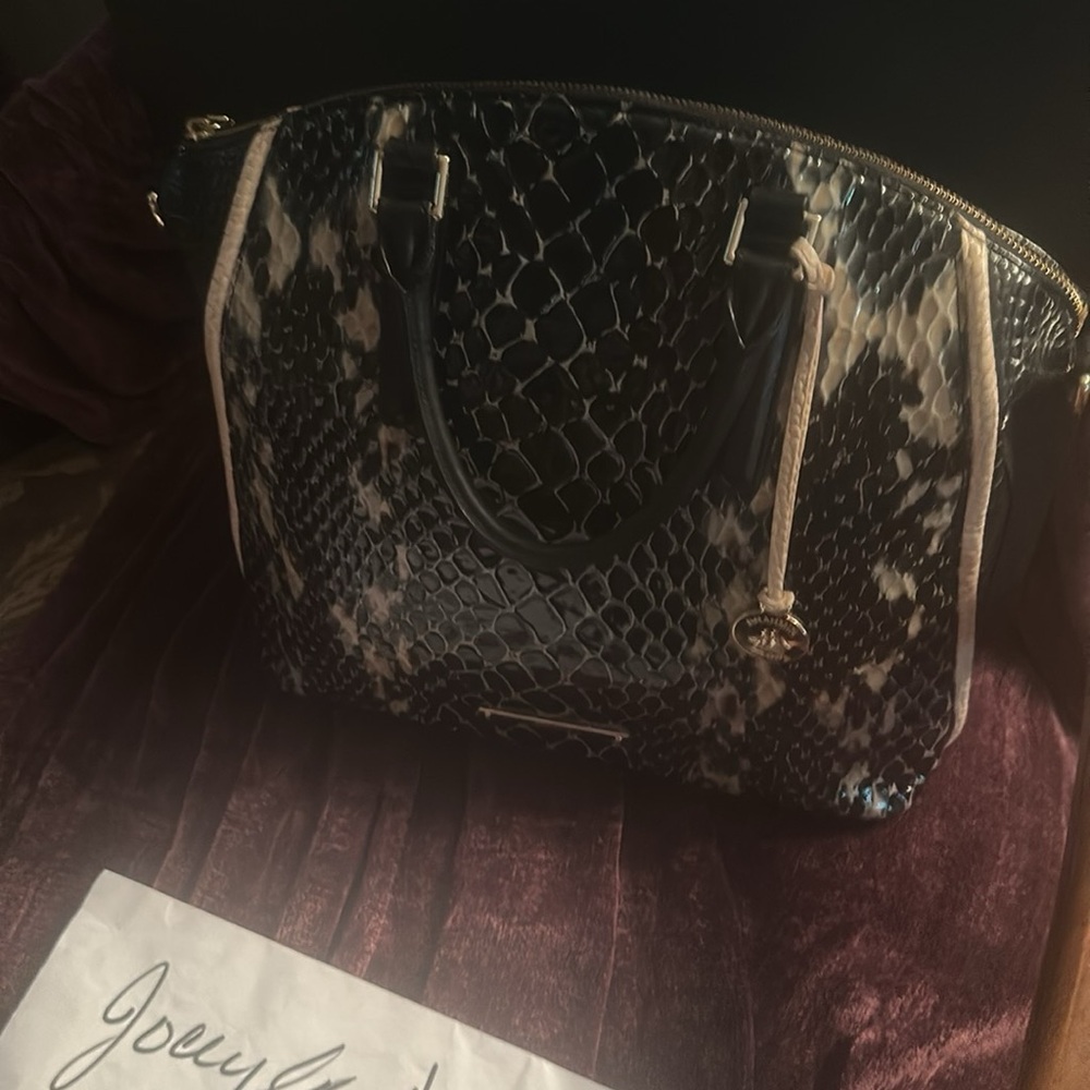 Brahmin Elegant Black and White Snake Print Handbag